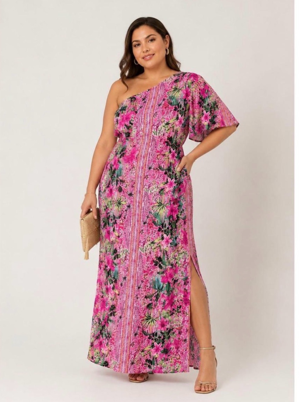 INC International Concepts Pink Floral One-Shoulder Maxi Dress Size Medium
